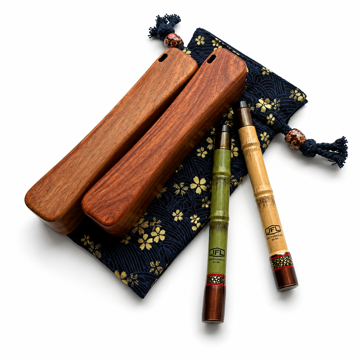 SAO-TABI green and yellow rod colour examples with wooden cases and a dark blue patterned pouch; one rod is included per kit