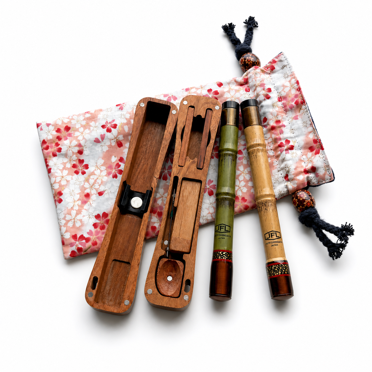 Open SAO-TABI wooden case with green and yellow rod colour examples and a patterned pouch; one rod is included per kit